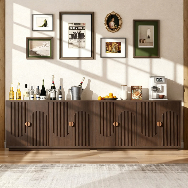58.8" 8-Door Mid-Century Modern Wood Sideboard Set Vintage Four-Door Cabinet（2 PCS）With Storage Cabinets & Open Shelves