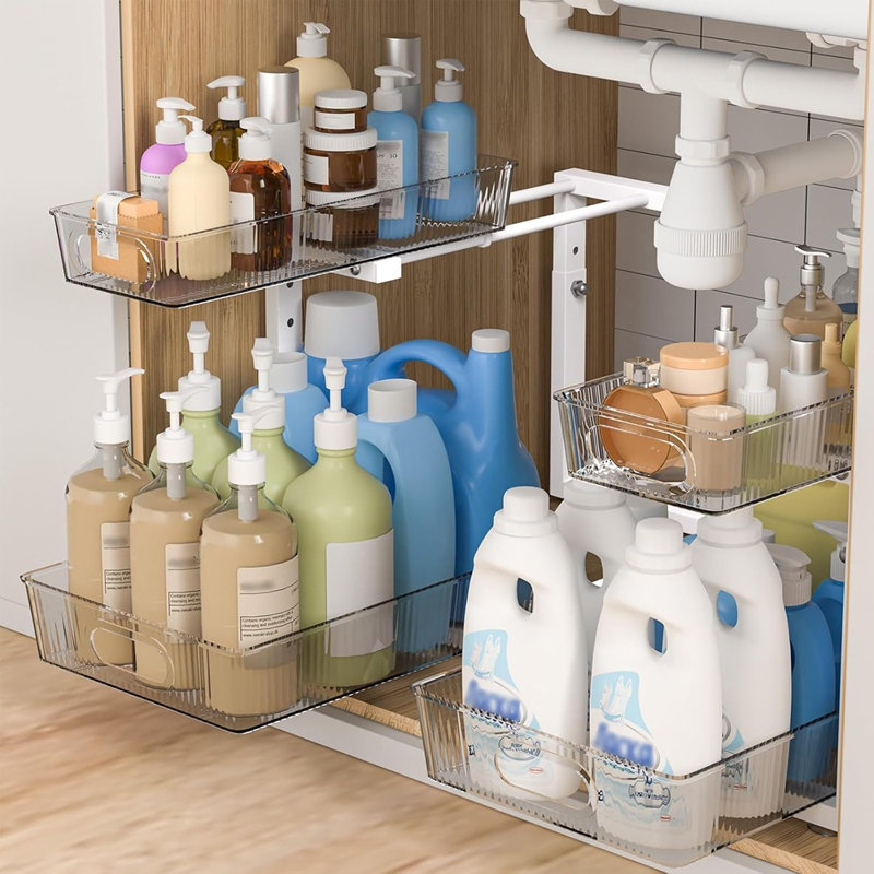 2-Pack 2-Tier Under Sink Pull-Out Organizer, Slide-Out Storage For Kitchen, Bathroom, Or Laundry, White