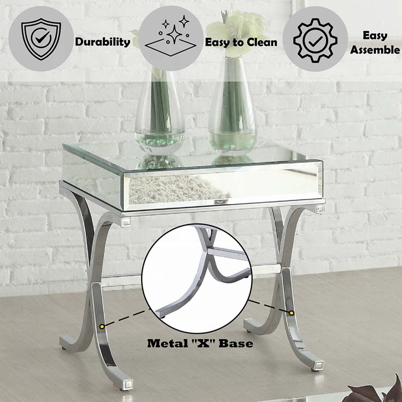 Table de bout Yuri, miroir et finition chromée