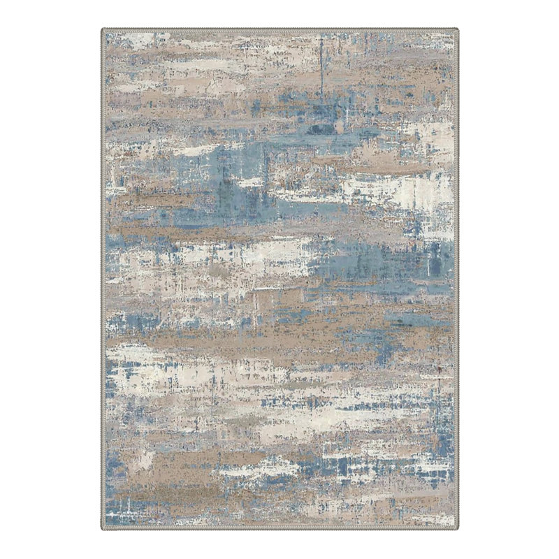 Aura Modern Abstract Machine Washable Blue / Beige / Brown Indoor Area Rug with Non-Slip Backing, Rectangle 8' x 10'