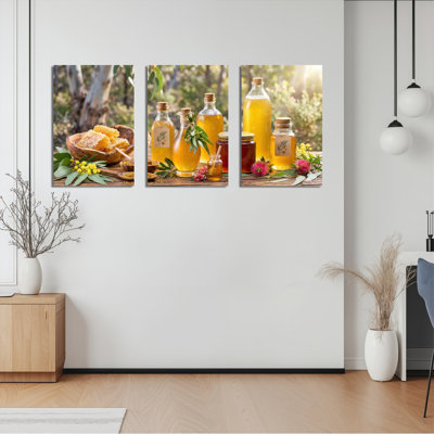 Miel et bouteilles d'huile d'olive avec fleurs et feuilles, reproduction d'art sur toile tendue sur toile, ensemble de 3