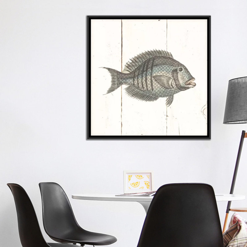 « fish sketchs i shiplap », impression sur toile, H 18 po x l 18 po x P 1,5 po, Toile avec cadre noir, Pas de tapis