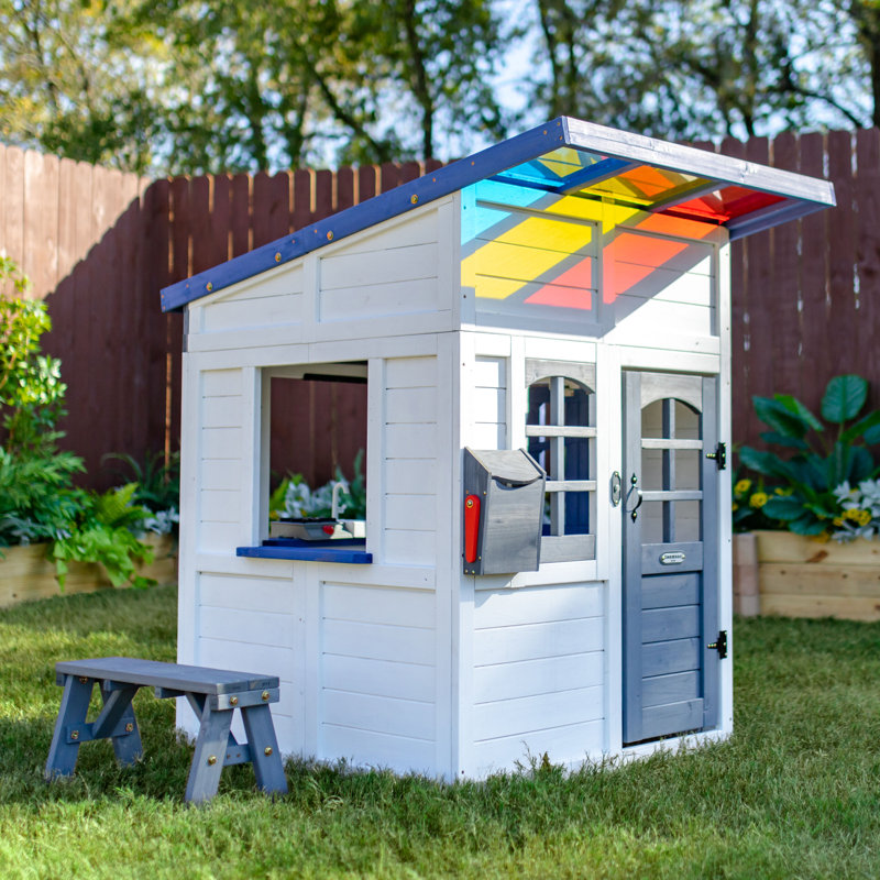Teamson Kids Rainbow Shade Outdoor Wooden Playhouse With Kitchen, Flower Box & Bench, White