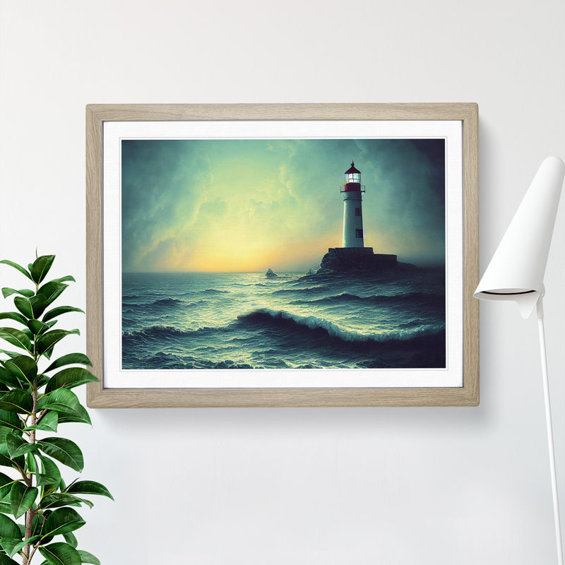 Dreamlike Lighthouse Sunrise - Single Picture Frame Print, 34cm H x 46cm W, Oak