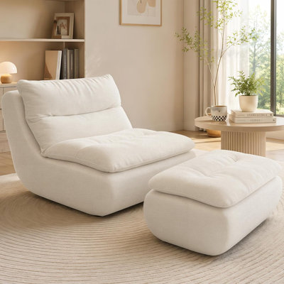 Chenille Memory Foam Bean Bag Chair With Ottoman Family‑Size Lazy Floor Sofa, Beige