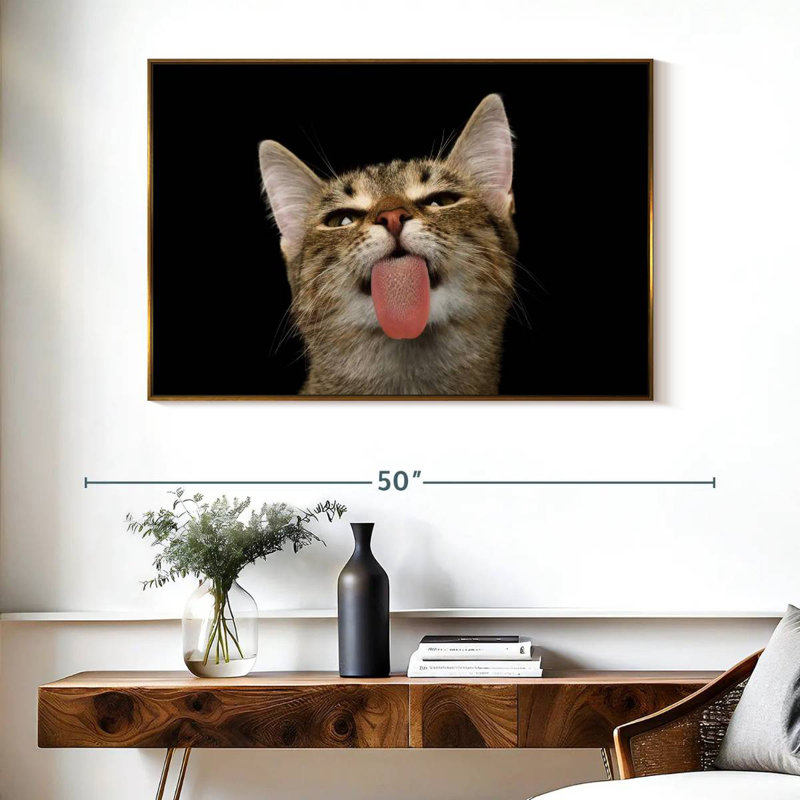 Chat amusant ludique, Cadre flottant doré, 40 po x 27 po