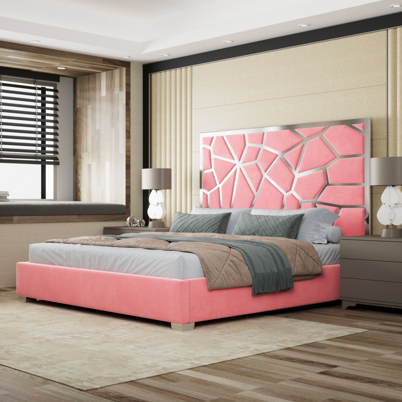 Lit plateforme tapissier Krisean, Très grand, Rose