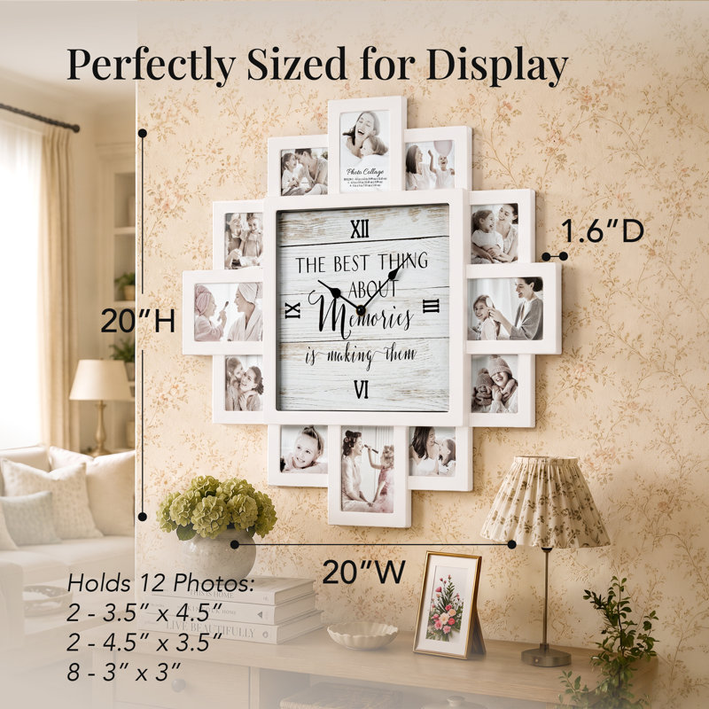 Horloge murale collage photo « Souvenirs » 50 x 50 cm, cadre photo blanc style ferme pouvant contenir 12 photos, fonctionne à piles, idéale pour décorer une chambre de bébé, une chambre d'enfant, un salon ou pour créer des souvenirs de famille.