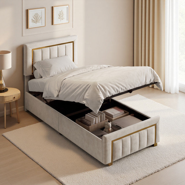 Velvet Upholstered Storage Bed Frame, Kingsize (5'), Beige