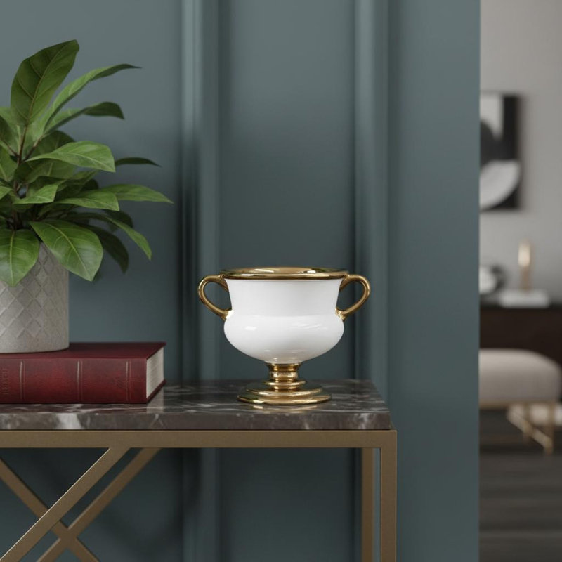 7" White And Gold Ceramic Amphora Urn