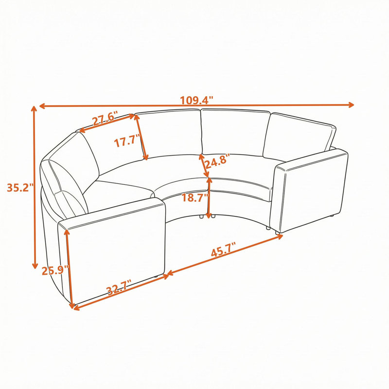Canapé d'angle modulaire incurvé 3 places avec assise profonde et coussins amovibles pour les espaces de salon, Gris