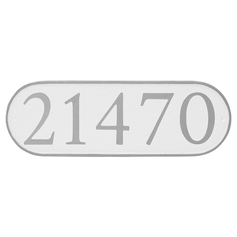 Plaque d’adresse murale 1 ligne allongée serif, Blanc / argenté, Oui