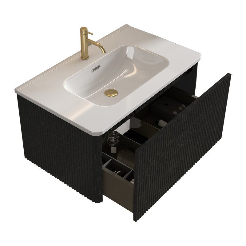 Meuble-lavabo simple mural avec plateau en céramique Gustavs, Noir, 30"