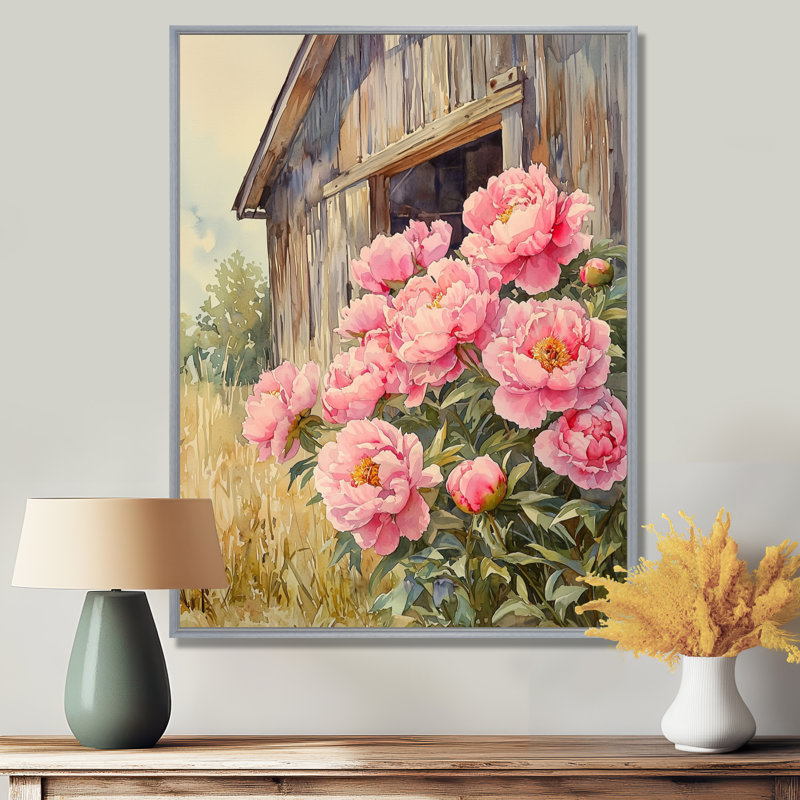 Pivoines dans la brise de basse-cour I - décoration murale pivoines, Argent argent, H 40 po x l 30 po