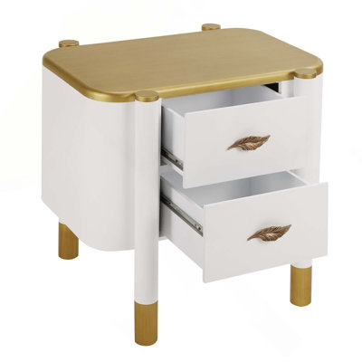 Contemporary 2 Drawers Nightstand With Curved Profile Design, Bedside Table With Metal Feather-Shaped Handles And Exposed Legs
