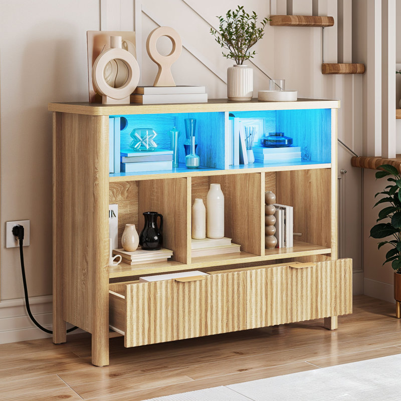  31.8" H X 39" W Cube Bookcase With Open Bookshelf Drawers & LED Lights