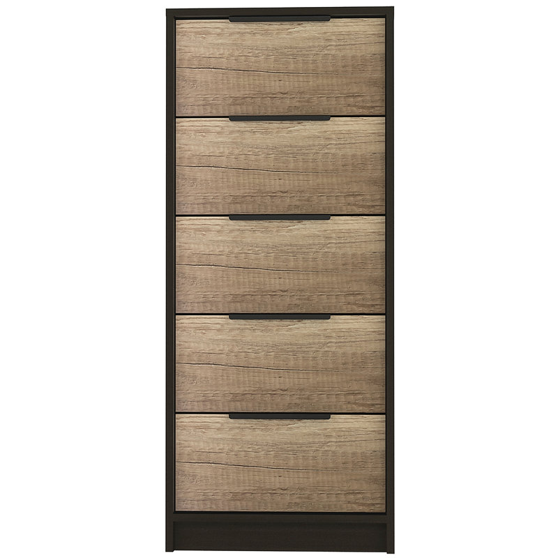 Commode 5 tiroirs, commode verticale, Beige/noir