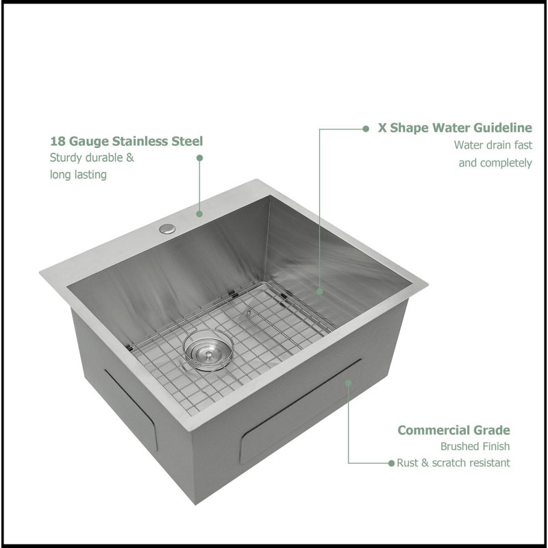 25"X22"X12" Stainless Steel Laundry Utility Sink Drop In Topmount Deep Single Bowl Kitchen Sink Basin