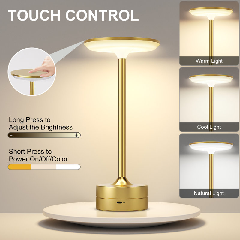 Modern Cordless Table Lamp Dimmable Gold LED Lamp Set Touch Control USB Rechargeable for Bedroom Dinning Office, Gold