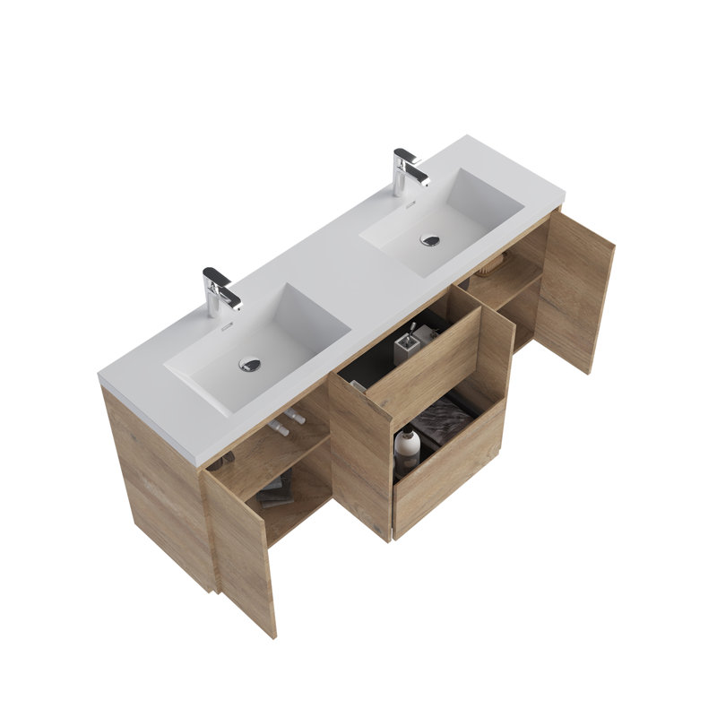 Grand meuble-lavabo autoportant de 71 po avec plateau intégré Angela , Natural