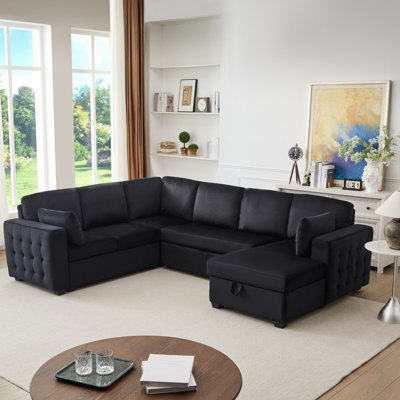 Upholstered Sectional Sofa Pull-Out Sleeper with Storage Chaise for Living Room