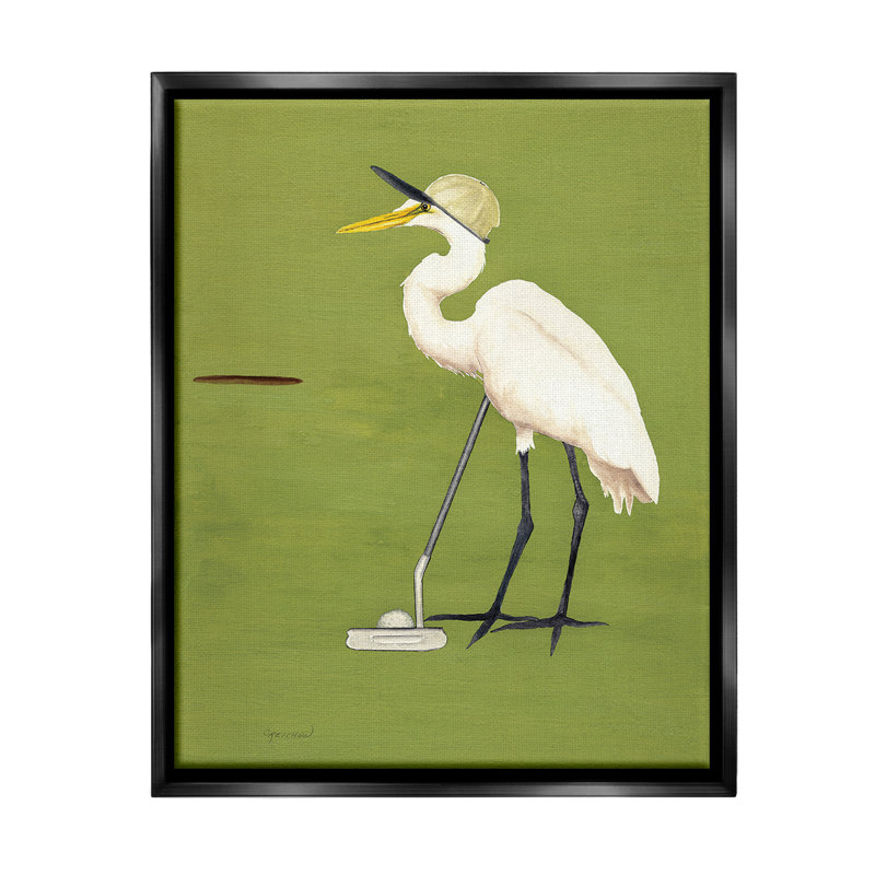 «Golfing Heron Bird» par Christine Reichow sur, H 31 po x l 25 po, Cadre flottant noir de jais