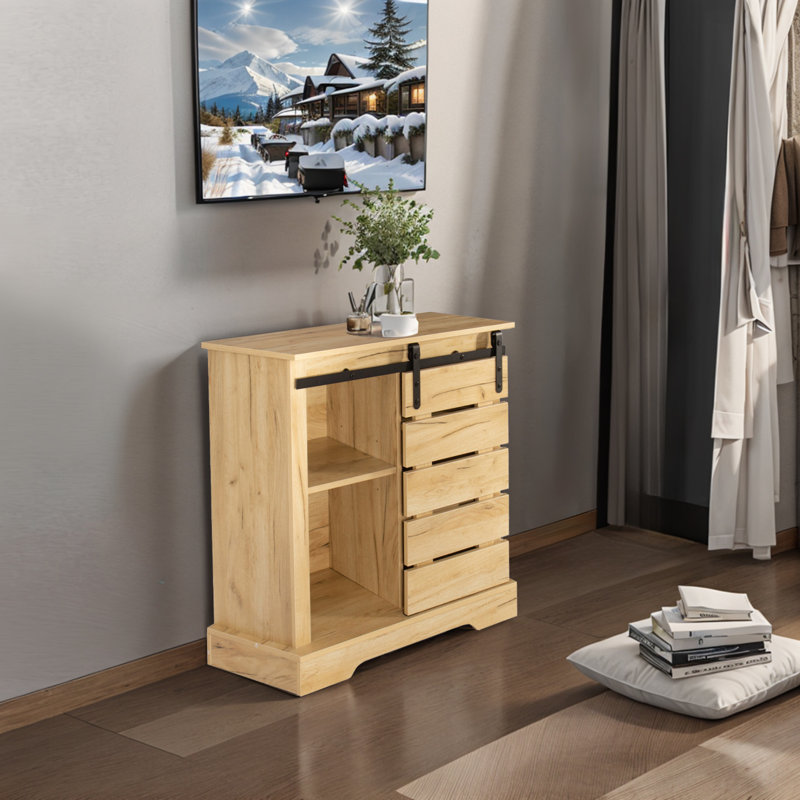 Armoire de rangement 31,89 "avec buffet et porte de grange coulissante, couloir, armoire d'appoint, Brun