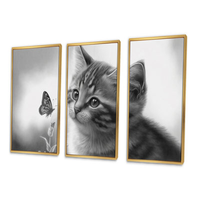 Dessin numérique d'un petit chaton avec un papillon I - animaux, art mural sur toile_80570