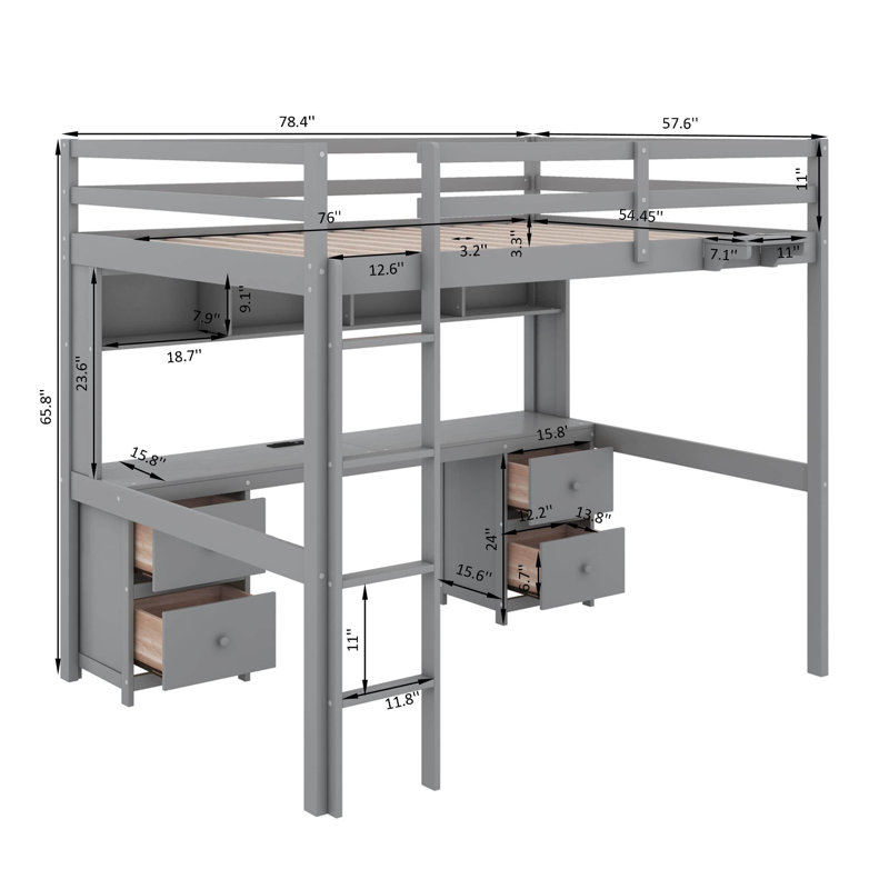 Full Size Loft Bed With Desk, Cabinets, Drawers And Charging Station, Gray