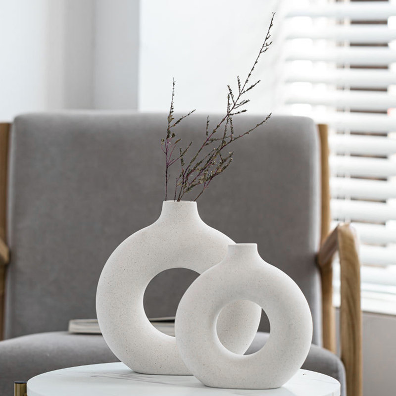 Branach Nordic Style Ceramic Round Vase in White, 19cm H x 18cm W x 2.5cm D
