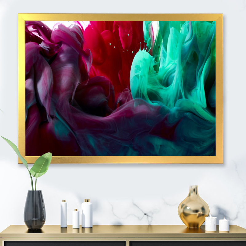 Encre liquide verte et rouge - reproduction d'art moderne sur toile, H 16 po x l 32 po x P 1 po, Toile encadrée dorée