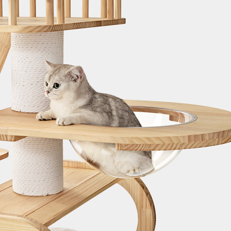 76" Modern Wood Cat Tree For Multi-Cat Homes, Sturdy Cat Tower With Scratching Posts & Platforms