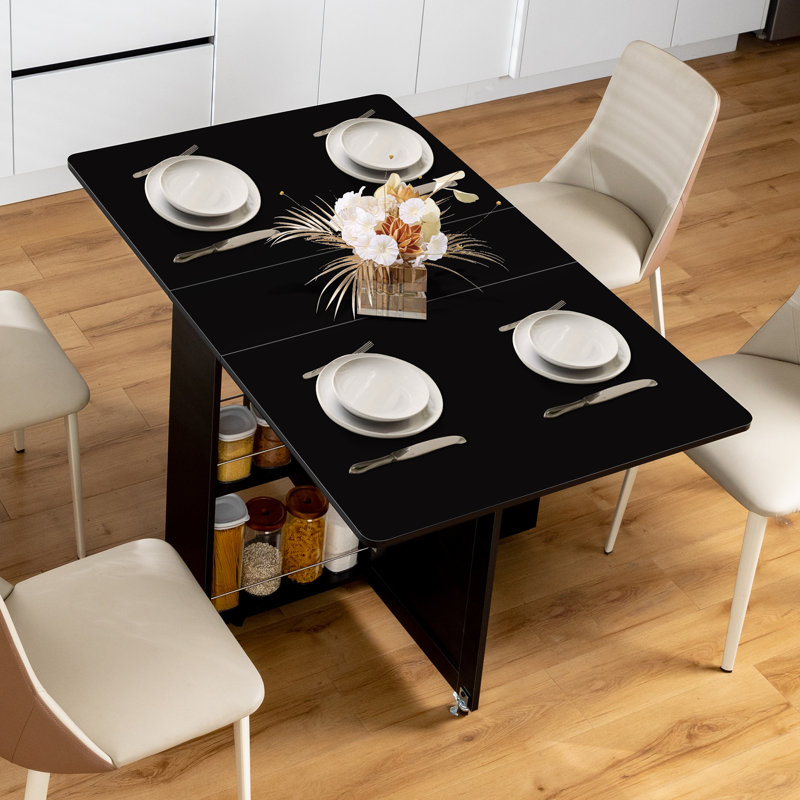 Table de salle à manger pliante avec plateau de table plus grand (53 po x 31,5 po), conception à abattants, 6 roulettes et 2 tablettes de rangement, table de salle à manger et de cuisine multifonctionnelle peu encombrante, noir