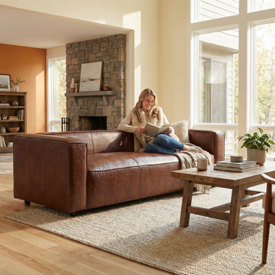 Faux Leather Upholstered Square Arms Sofa