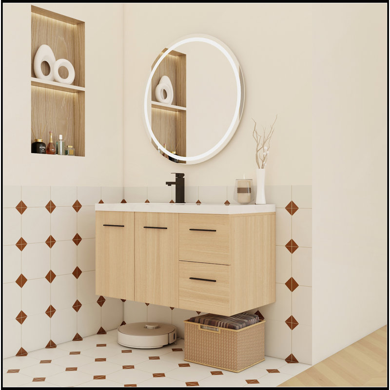 Meuble-lavabo mural flottant 36 po avec lavabo 36 po, finition chêne clair, conception modulaire à 2 portes et 2 tiroirs, plateau de lavabo en gel, livré dans 3 boîtes