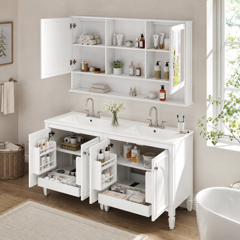 Ensemble de meuble-lavabo double 60 po avec armoire à pharmacie 60 po, White