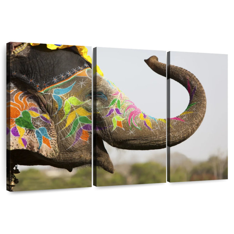Brampt souriant éléphant indien peint, H 32 po x l 50 po