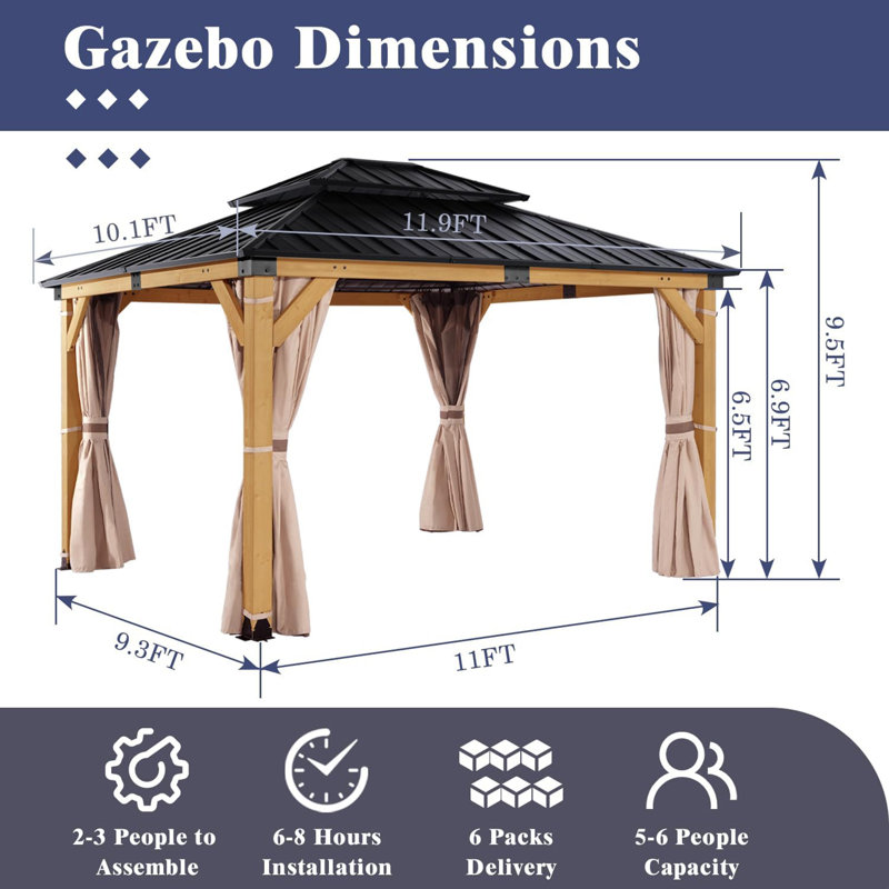 Cedar Wood Patio Gazebo, Double Metal Roof Hardtop Gazebo with curtain and Screen, 114" H x 143" W x 121" D, Yellow