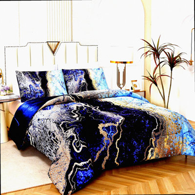 Volcanic Blue Marble Comforter Set - Ultra Soft Microfiber Quilt (3 Pieces: 1 Comforter, 2 Pillowcases) - All Seasons Bedding - Watercolor Pattern