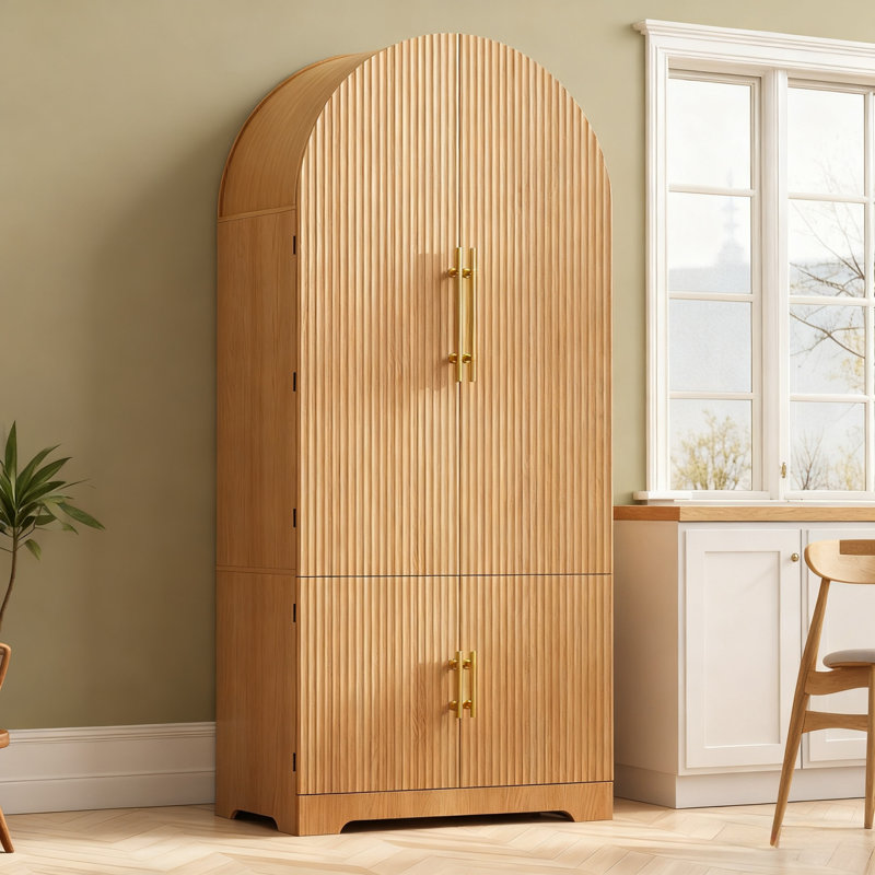 Garde-manger arqué avec tablettes de porte et tiroir caché, Naturel