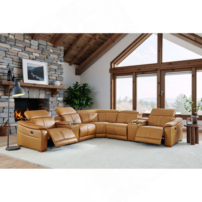 Canapé modulaire en cuir avec siège inclinable, appui-tête réglable et console de rangement avec porte-gobelets