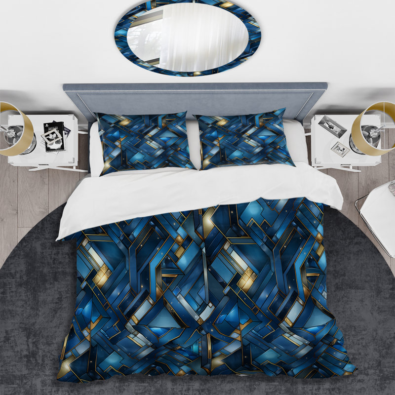 Ethereal Blue Intersections Mosaic Pattern Geometric Shapes Duvet Cover, Queen Duvet Cover + 2 Standard Shams