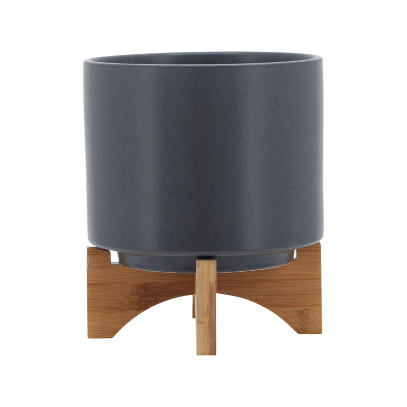 Planter W/ Wood Stand, Matte Gray, 9" H x 8" W x 8" D