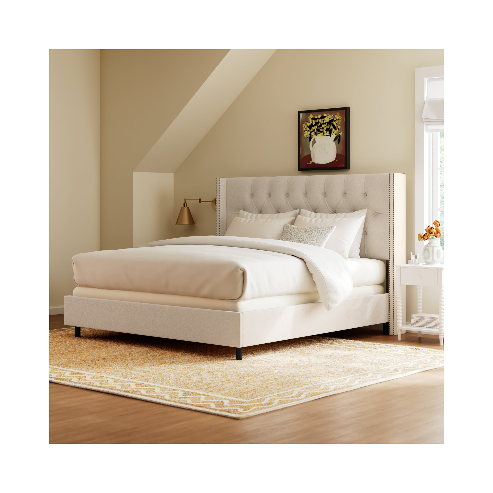 Breckin Upholstered Wingback Bed, King, Classic Talc Linen