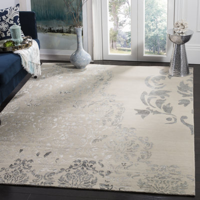 Tapis floral beige / gris en laine / coton noué à la main Kurstin