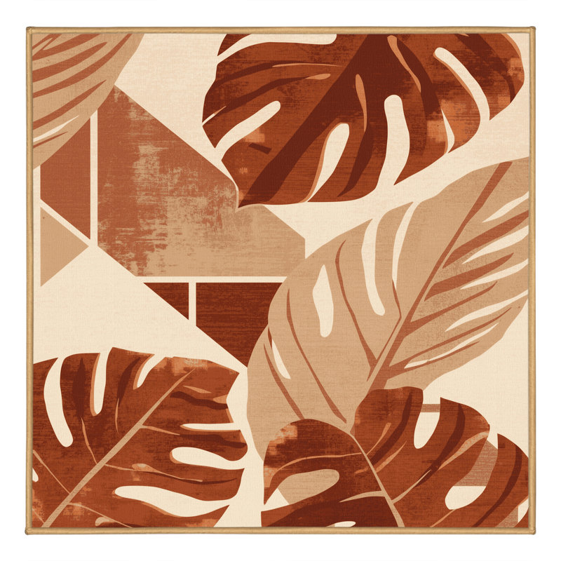 Tapis abstrait moderne et contemporain lavable à la machine Oyan Monstera en brun - reliure brun clair, Carré 5 pi