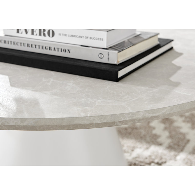 Palm Luxury Pedestal Round Coffee Table, Beige Stone Top/White Base