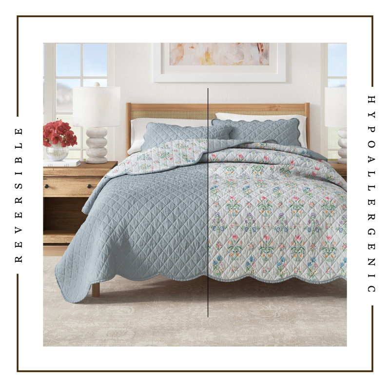 Reversible Floral Print Scallopeded Edge Cotton Quilt Set, Blue Floral, King Quilt + 2 King Shams