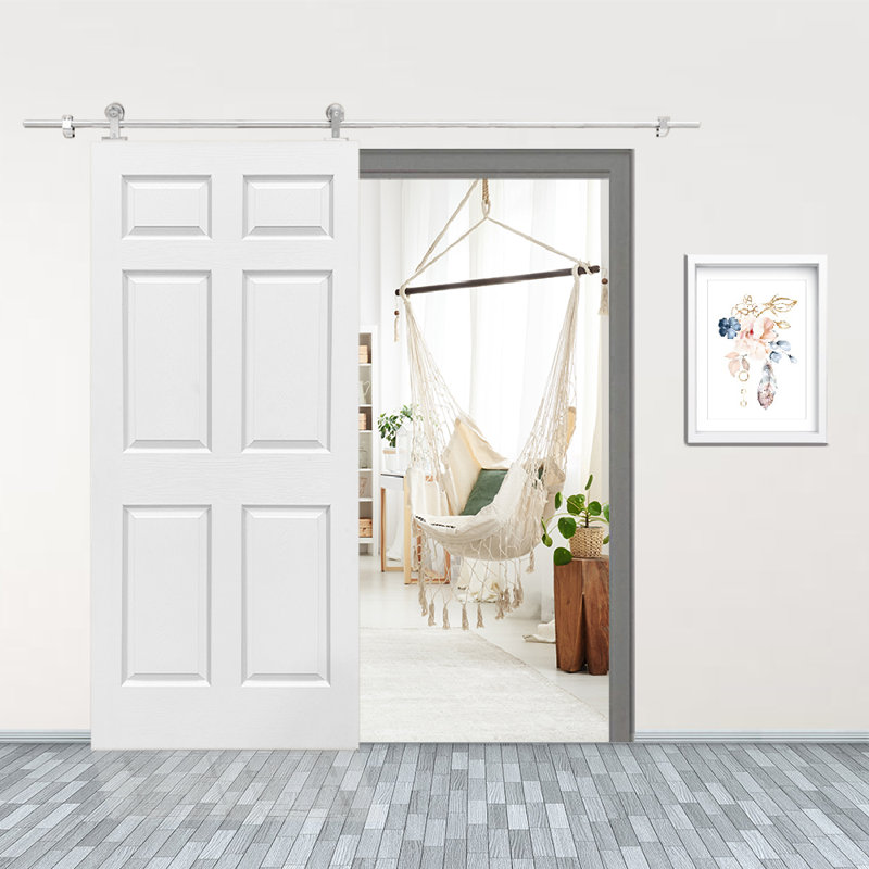 Porte de grange blanche lambrissée en bois et métal apprêté avec trousse de quincaillerie d'installation, 36 po x 80 po