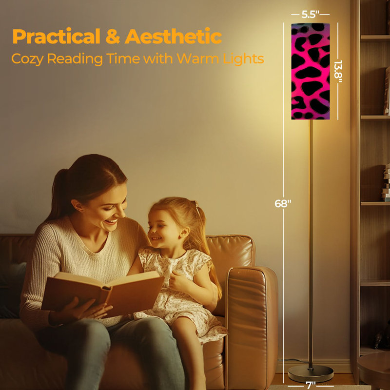  68.5" Standing Floor Lamp neon gradient animal print Seamless Dimmable Metal Pole Lamp with Linen Lampshade LED Bulb Included